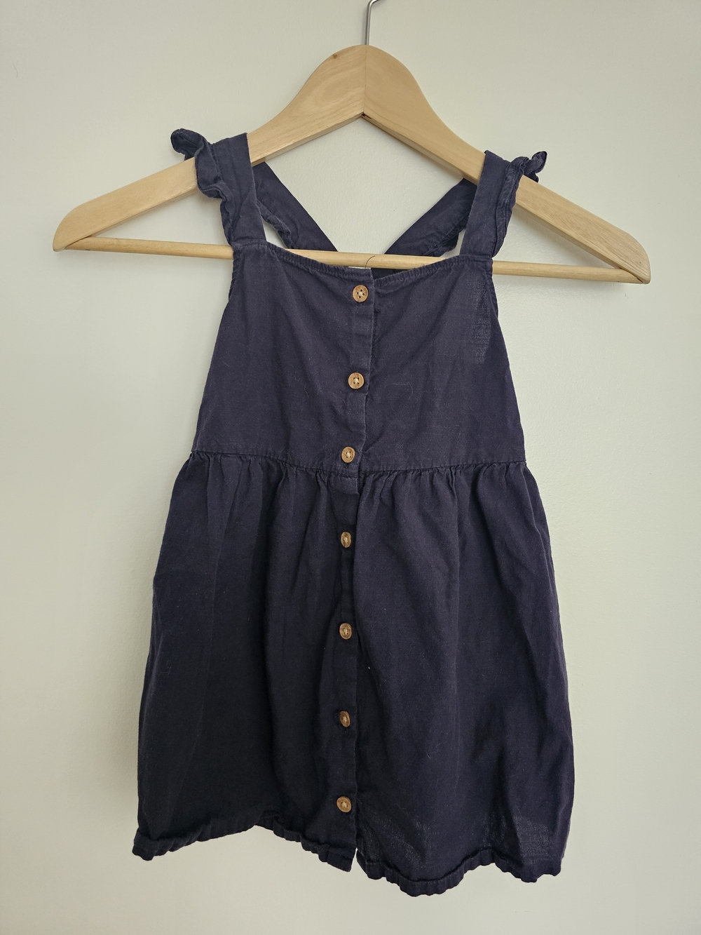 🧸2/20$ H&M 3-4T Girl Navy Button-Front Girls Sundress Ruffle Straps Cotton